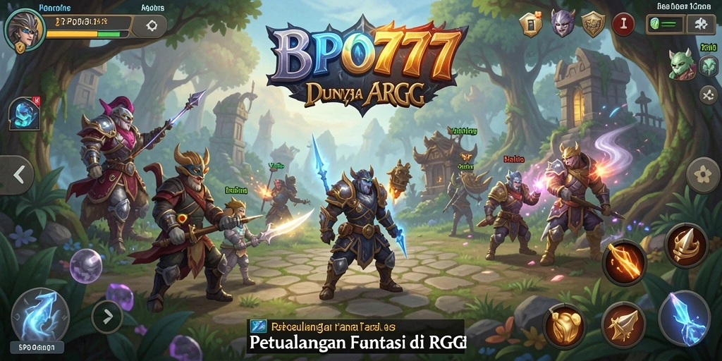 Tangkapan layar gameplay BPO777 yang menampilkan pertarungan seru dan dunia fantasi.
