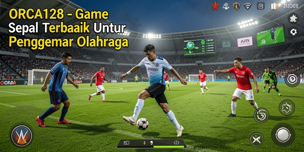 Tangkapan layar gameplay ORCA128 menampilkan aksi seru pertandingan sepak bola.