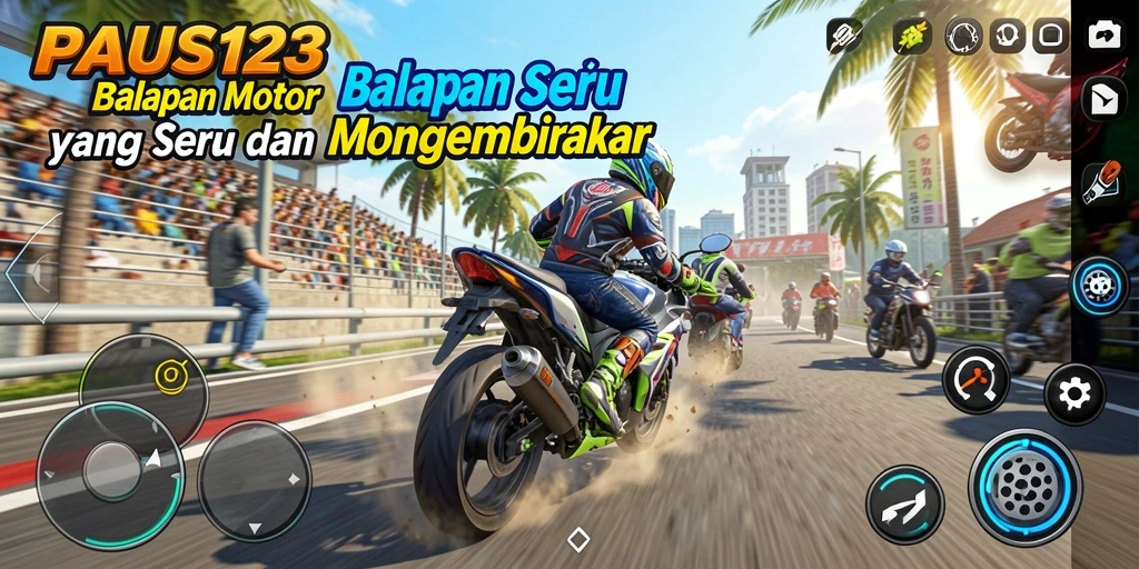 Screenshot menampilkan serunya balapan motor di lintasan yang megah.