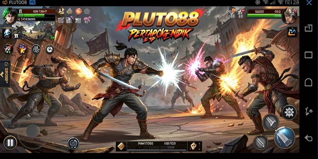 Tampilan gameplay intens dari PLUTO88 dengan karakter bertarung.