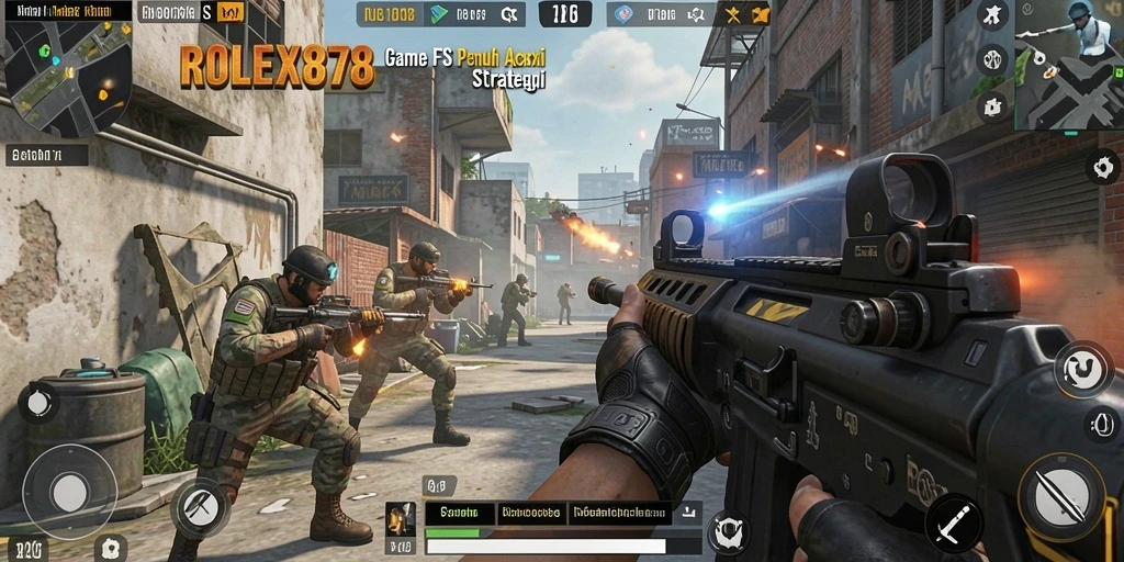 Screenshot gameplay <strong>ROLEX878</strong> menunjukkan aksi tembak-menembak yang mendebarkan.