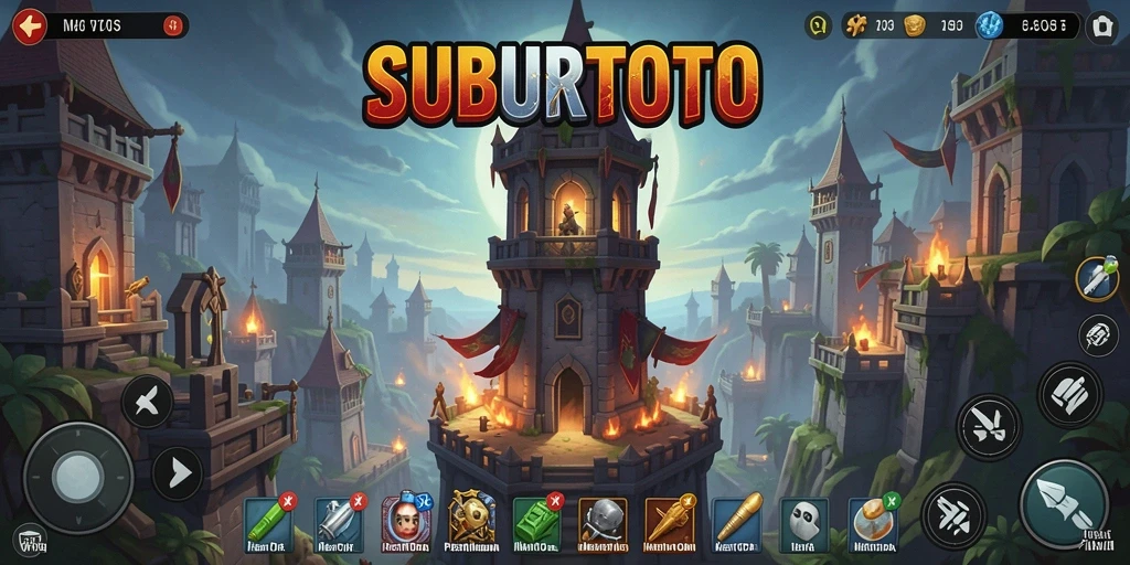 Screenshot gameplay SUBURTOTO yang menampilkan aksi menara pertahanan.